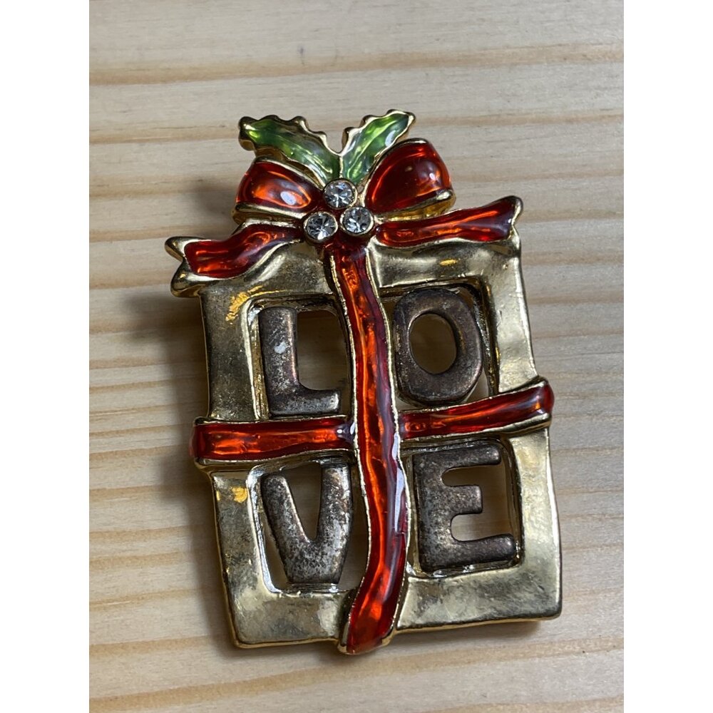 Gold-Tone "Love" Gift Box Pin Brooch With Red & Green Enamel Accents